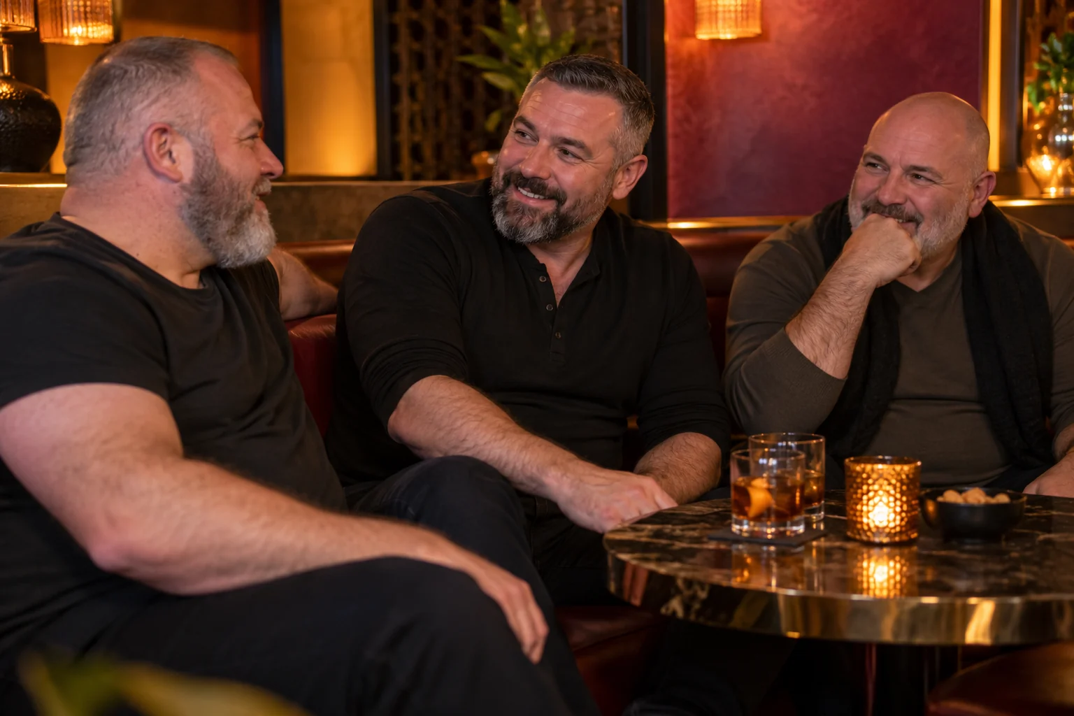 Illustrative scene of adult male friends in relaxed conversation at an evening social club