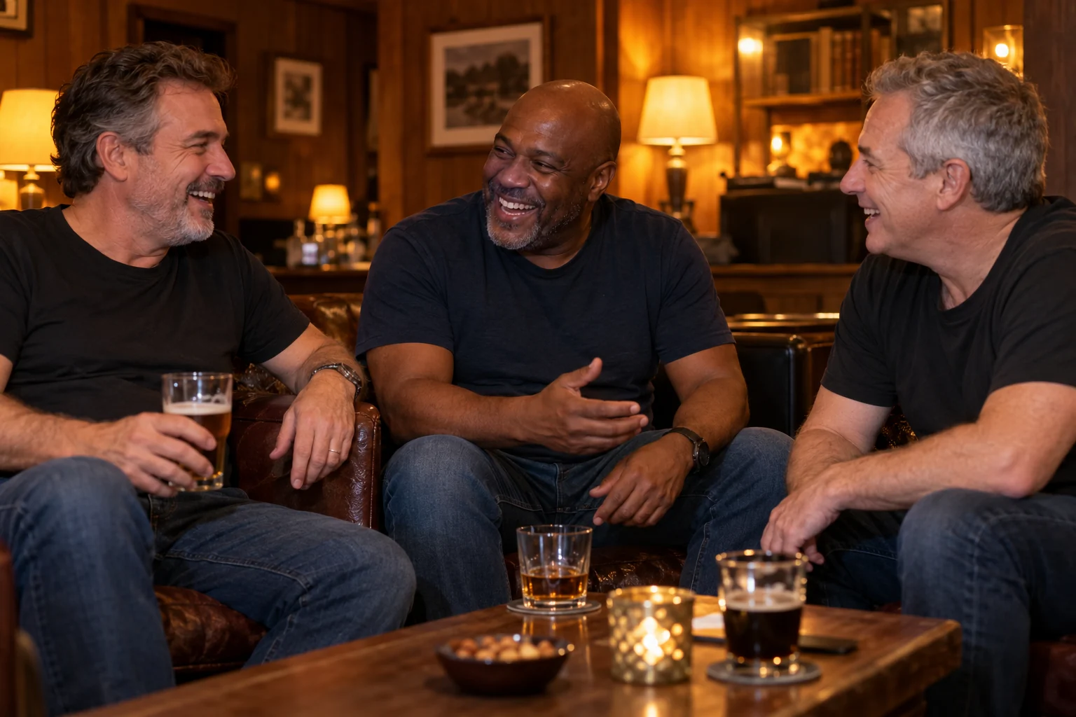 Illustrative scene of three adult male friends laughing in a leisure-club lounge